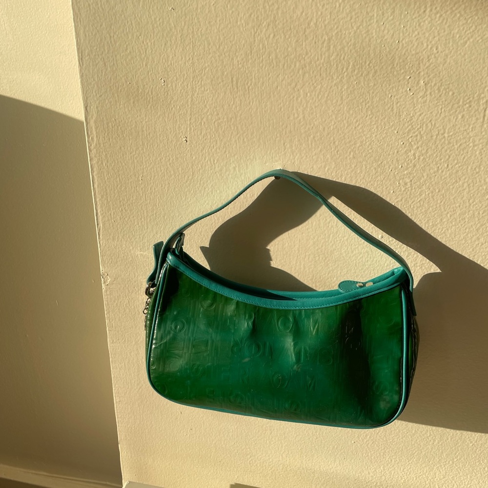 SOLD Authentic HTF Ferragamo turquoise leather trim pouchette - Picture 1 of 11